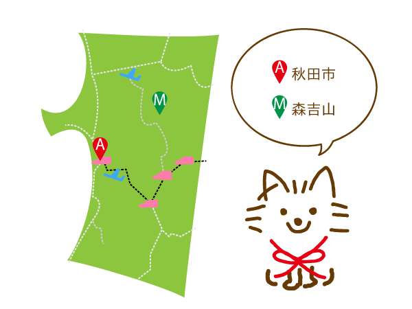 秋田市と森吉の位置を記した秋田県内の地図イラスト